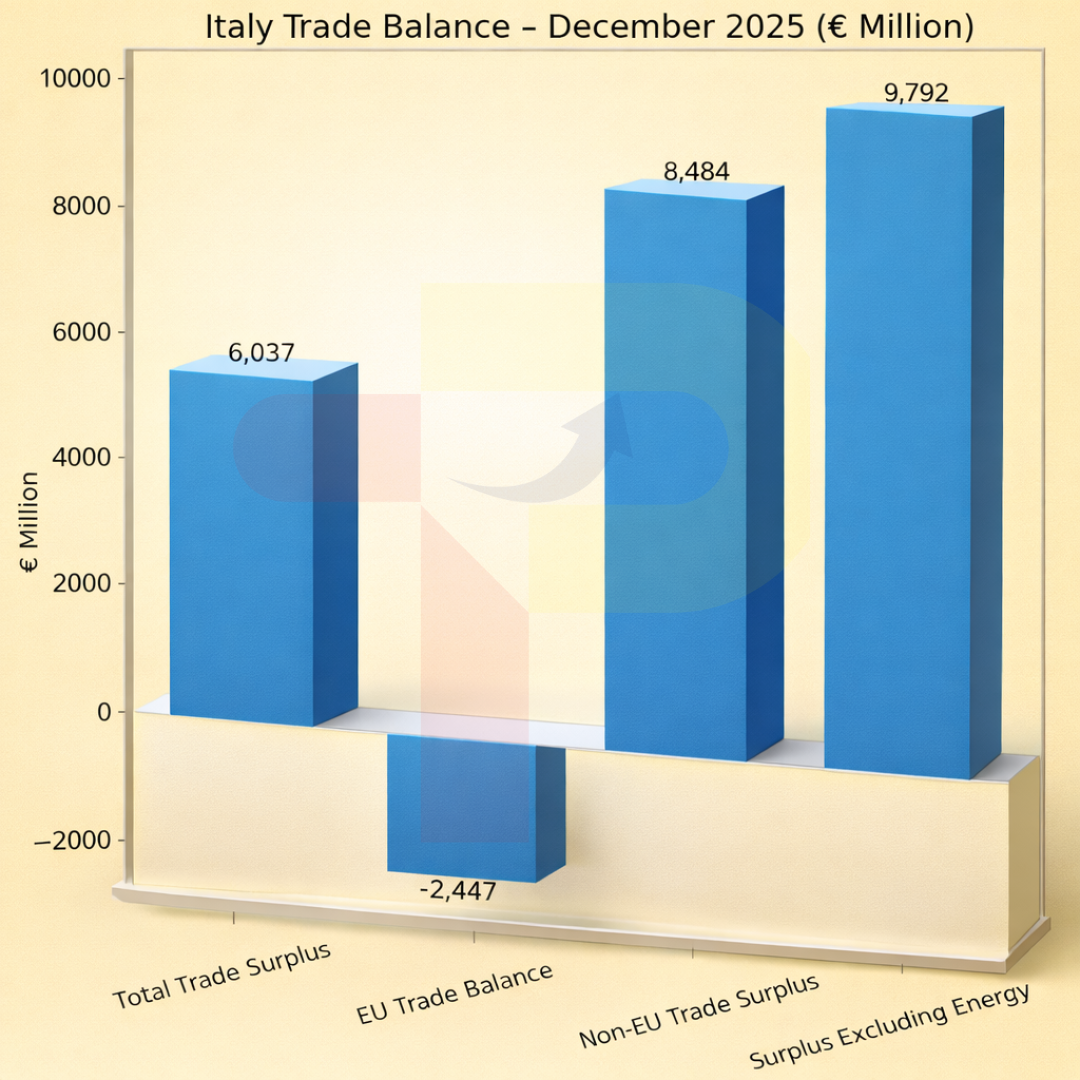 Italy Records 6,037 Euro Million Trade Surplus in December 2025